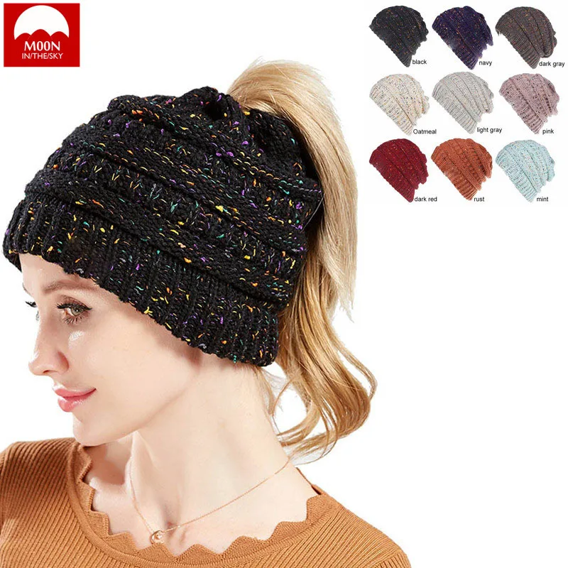 القمر الشتاء امرأة قبعة زهرة خط موتلي الصوف محبوك هول كاب ذيل حصان جديلة التزلج الأزياء الدافئة الشباب البرية الترفيه MZ-009