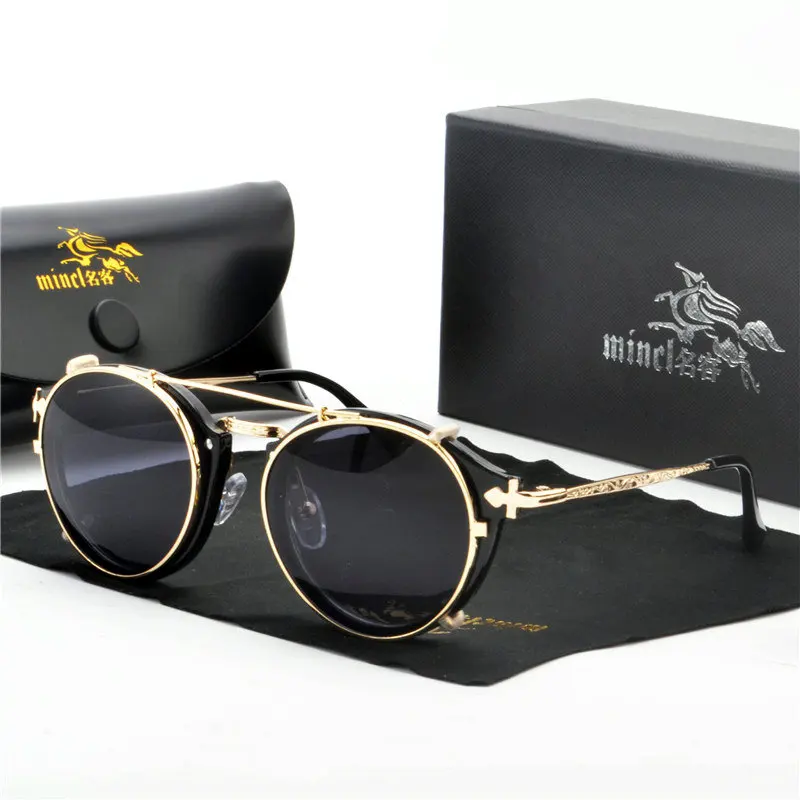 

MINCL High Quality Women Men Set Mirror Vintage round Optical Myopia Glasses Frame with Magnet punk Sunglasses Clip FML