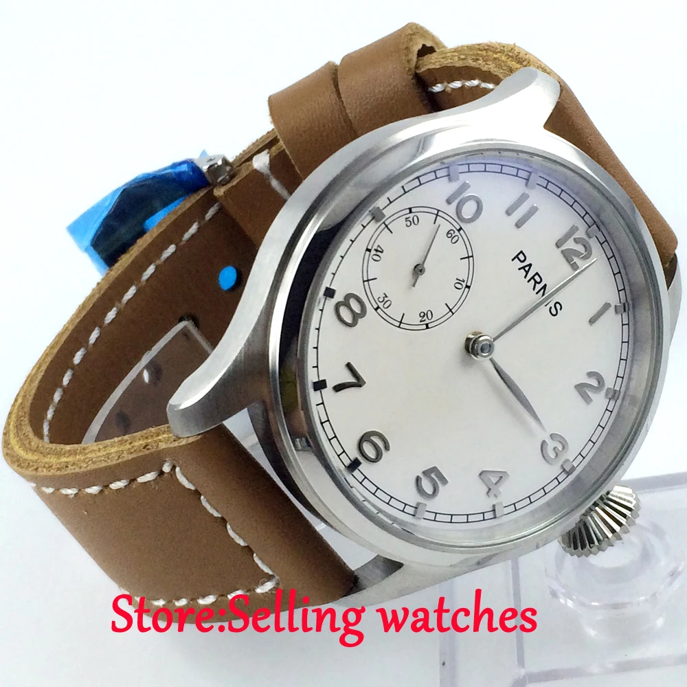 47mm parnis white dial seagull 6497 movement hand winding mens watch