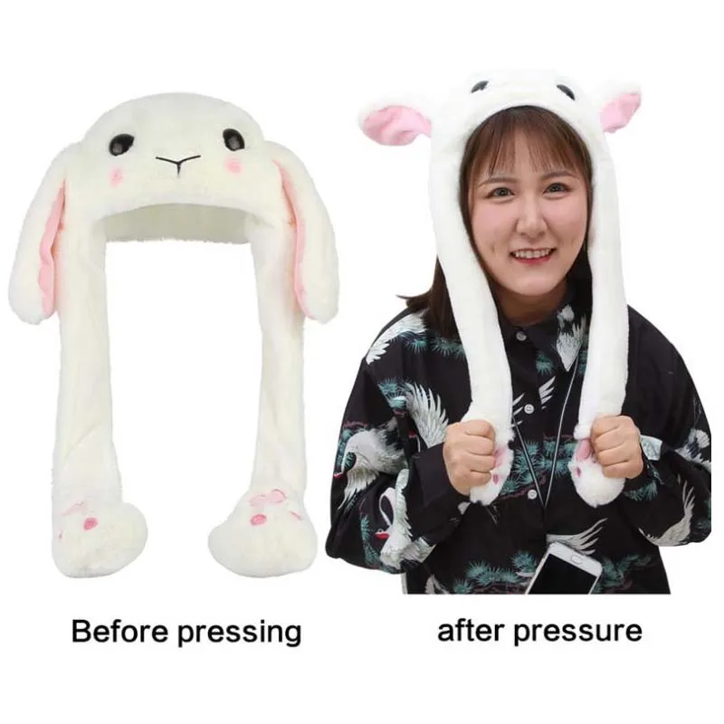 

Funny Plush Bunny Hat Cute Animal Rabbit Hat with The Ears Popping Up When Pressing Paws Cap Party Decor for Kids Adult Dress