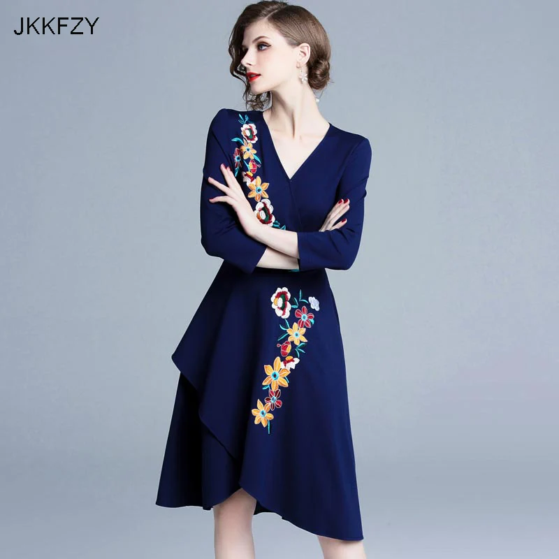 

JKKFZY V Neck Blue Sexy Women dress 2018 Autumn Winter New Fashion Women Embroider Party Dress Ladies Vestidso