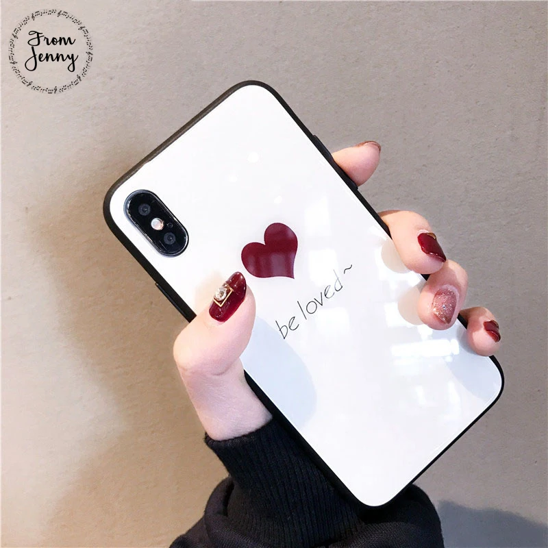 From Jenny Red Love Heart Glass Phone Case For iphone X 7 7plus 6/6S Plus 8 8plus 2018 Fashion Hard Back Cover Cute |