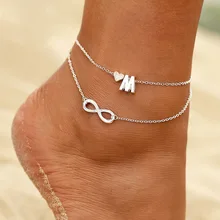 Tobillera inicial Boho corazón infinito Color plata tobillo pulsera en la pierna cadena 26 letra tobilleras para mujeres tobillo joyería para pie de playa