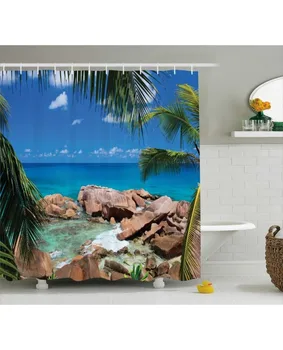 

Turquoise Shower Curtain Palm Tree Coastline Print For BathroomWaterproof And Fabric Washable Set With Hooks