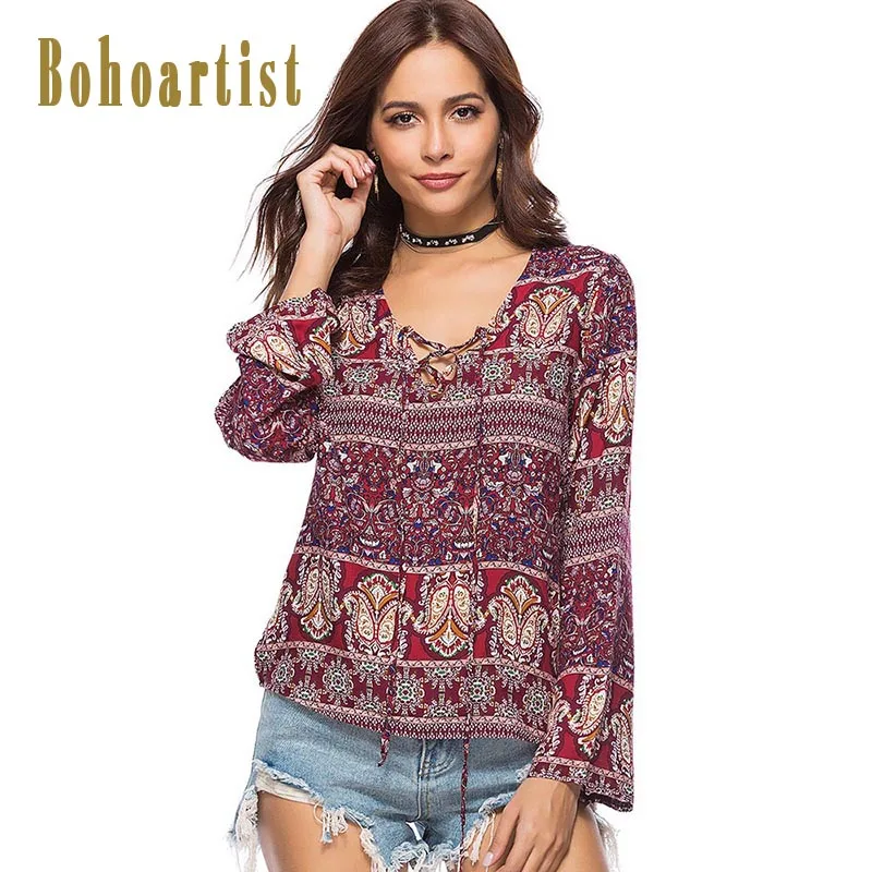 Женская блузка Bohoartist с длинным рукавом и цветочным принтом на шнурках|summer blouse|women