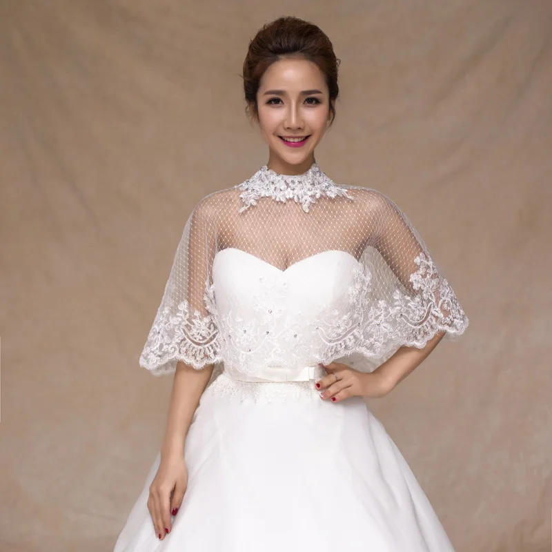 3 4 Sleeve Ivory High Neck Bridal Lace Bolero Crystal Cape Low