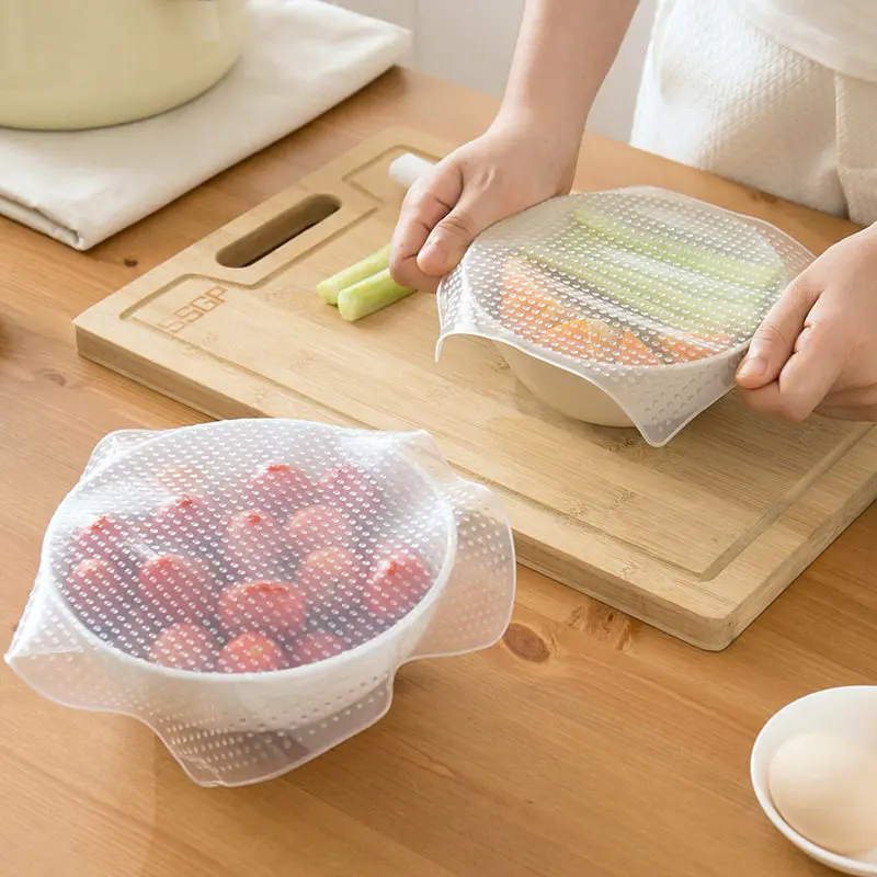 

4Pcs/set Kitchen Stretch Fresh Keeping Container Lid Saran Wrap Tool Sealed Silicone Cling Film Fresh Food Cover Wrap