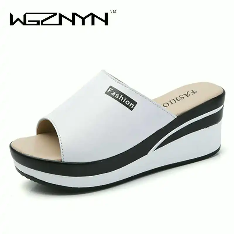 

WGZNYN 2018 Summer women slippers shoes genuine leather Open Toe high heels flip flops mules shoes women white slides shoes W006