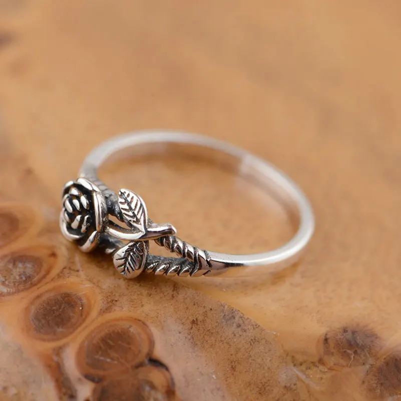 925 Silver Rose Flower Rings for Men Women Jewelry 100% Real S925 Sterling Thai Silver Ring Size 5.5-8