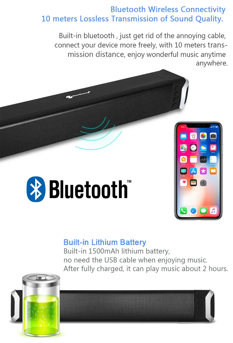 NR-, мощный bluetooth-динамик для телефона, громкая связь, Aux-In, USB, TF, fm-радио, беспроводной динамик с микрофоном, Саундбар для xiaomi tv