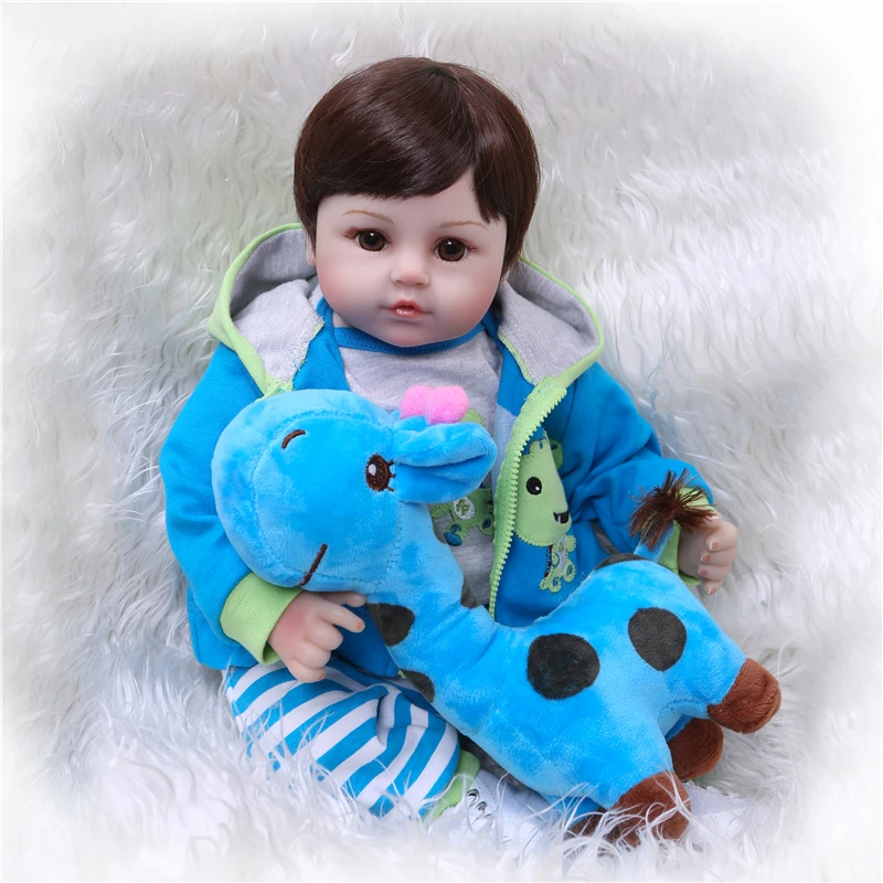 

NPK 47CM Newborn Reborn Baby Dolls Silicone Cloth Body toddler Doll For Girls Princess Kid Fashion Bebes Dolls with blue giraffe