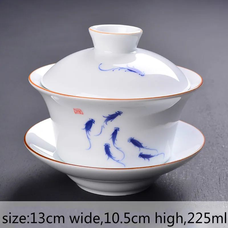 Китайский чайный набор кунг-фу фарфоровая чайная чаша посуда супница керамический гайвань здоровье чайная чашка и блюдце мастер чашки E - Цвет: Hand-painted fish