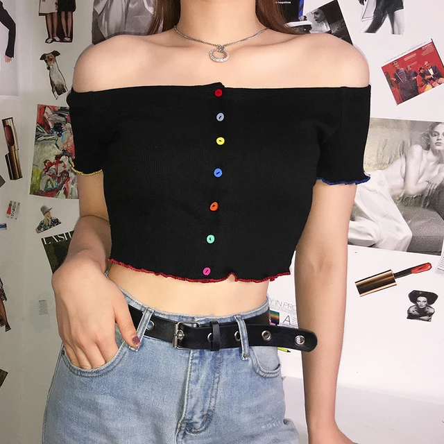 2019 camiseta de mujer sin hombro Chaleco de tubo de Color negro botón  camiseta Sexy Crop Top _ - AliExpress Mobile