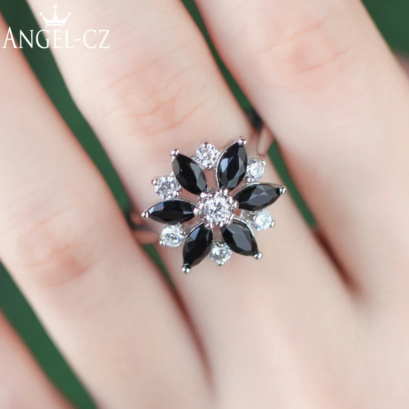 

ANGELCZ Unique Leaf Shape Black Stone With White Cubic Zirconia Delicate Silvery Cocktail Party Finger Rings For Womens AR050