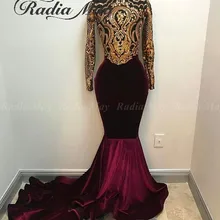 Золотые блестки Бургундия бархатные Русалка африканские платья для выпускного вечера с длинными рукавами с высоким воротом со шлейфом Выпускные платья женское вечернее платье