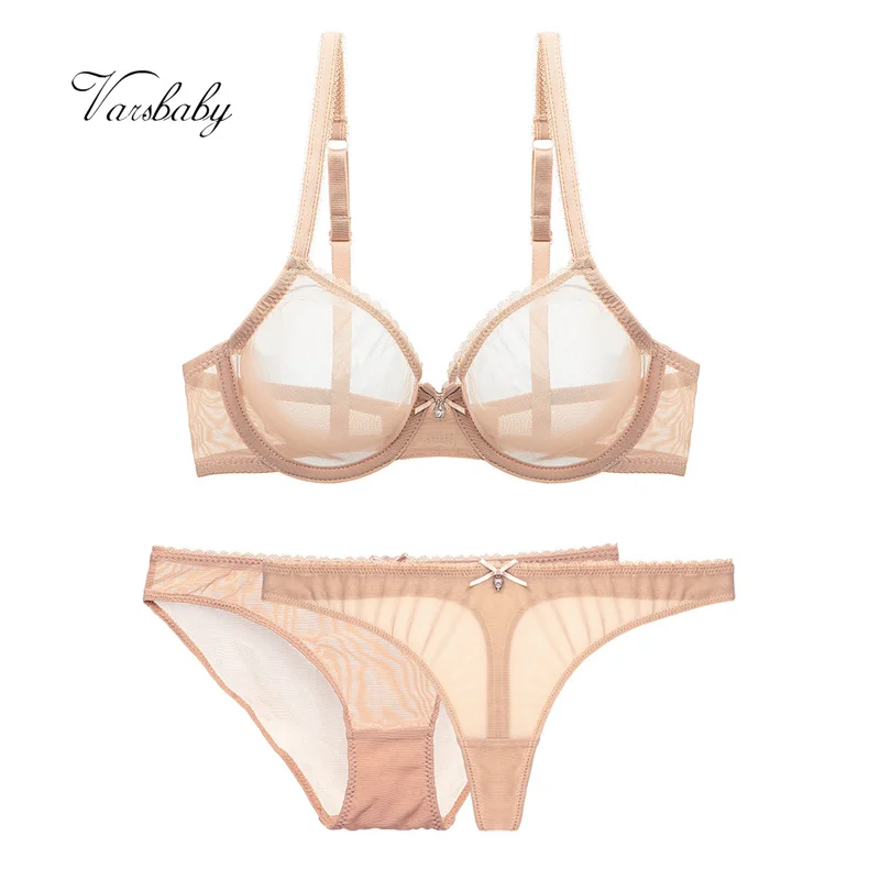 Koop Varsbaby Ultra Dunne Cup Mesh Kant Ondergoed Transparante Ongevoerd 1 Bh + 2 Slipje Bh Set Voor Dames
