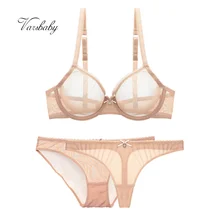 Varsbaby – Ensemble de soutien-gorge + 2 culottes pour dame, sous-vêtements transparents en dentelle, ultra fin, non doublé, bonnet en maille