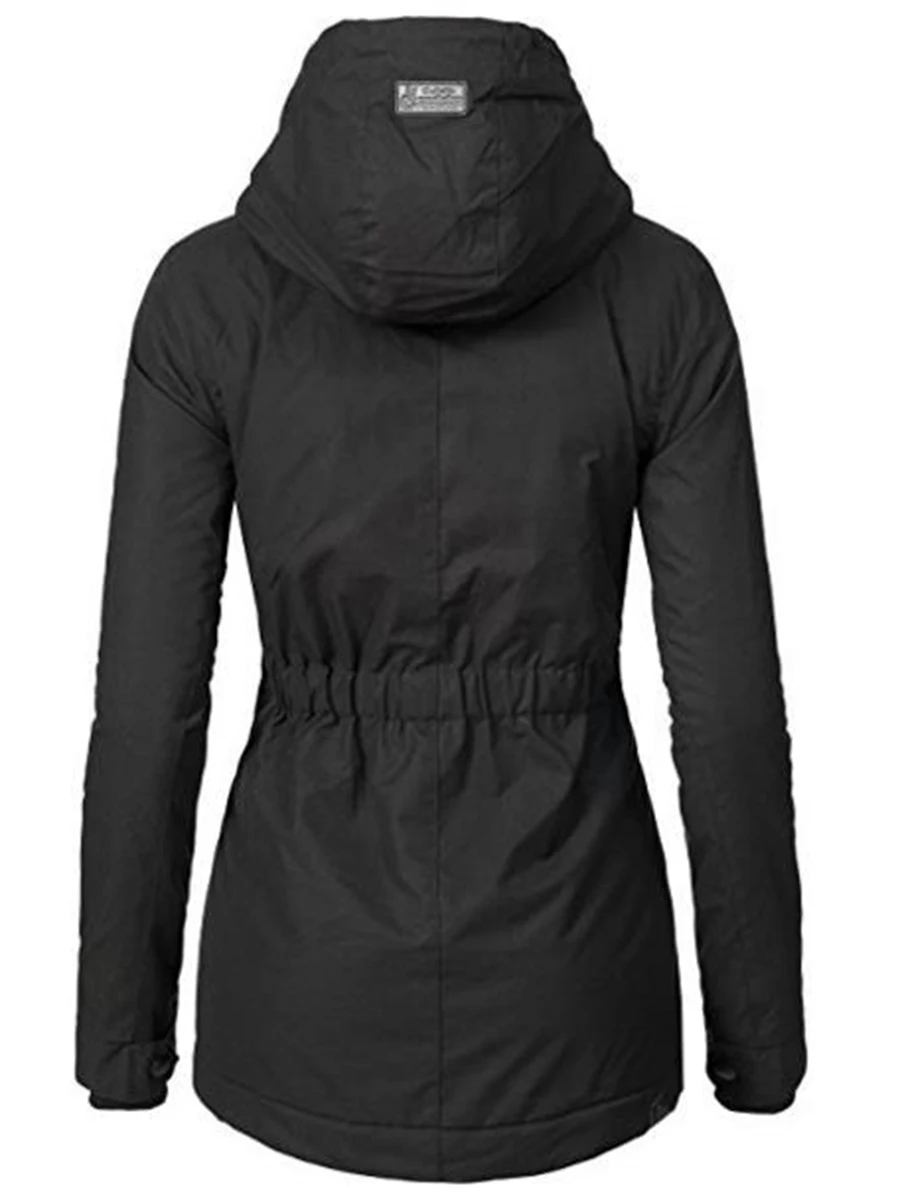 Windproof Slim Outerwear Winter Warm Coat Female Fashion Elastic Waist Zipper Pocket Hooded Drawstring Overcoats Autumn Clothes