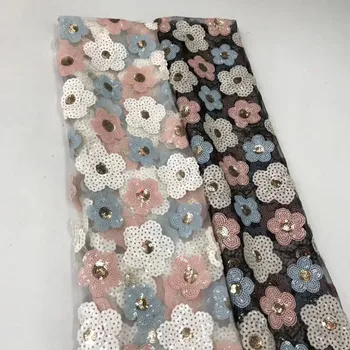 

African 3D Sequins Lace Fabric 2019 High Quality Lace French Sequence Tulle Lace Nigerian Lace Fabrics For Wedding Multicolor