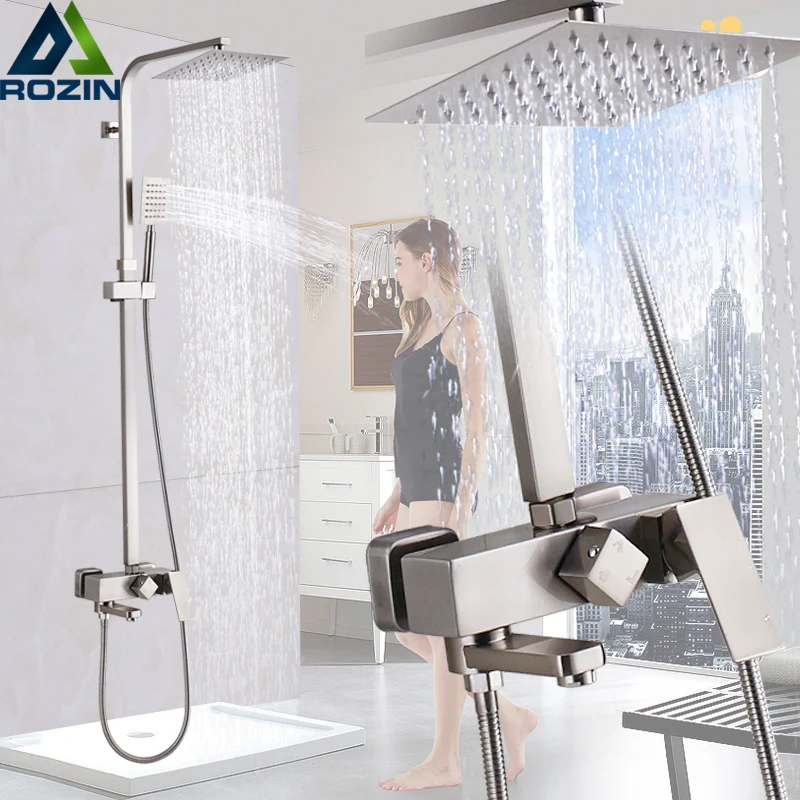 

Brushed Nickel Shower Mixer Faucet Set Rainfall 8" Square Shower Head Wall Mount Bathroom Bath Shower Hot Cold Tap Swivel Spout