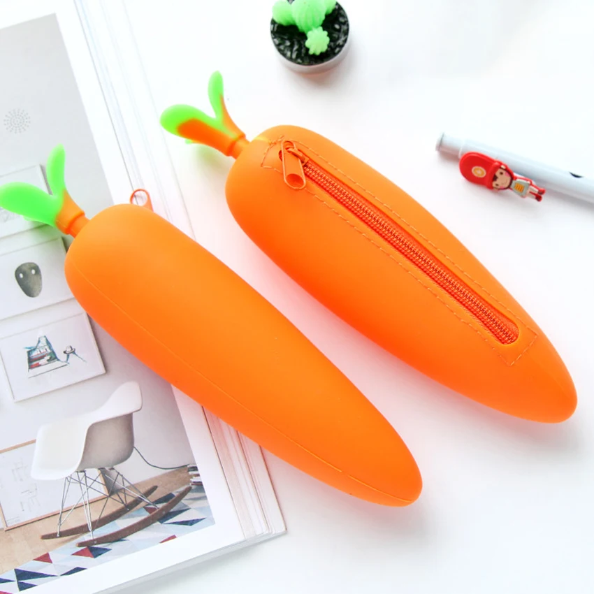 

Creative Carrot Shape Pencil Case Stationery Pens/Eraser/Ruler Storage Bags Organizer Soft Silicone Zipper Pencil Bag Kids Gift