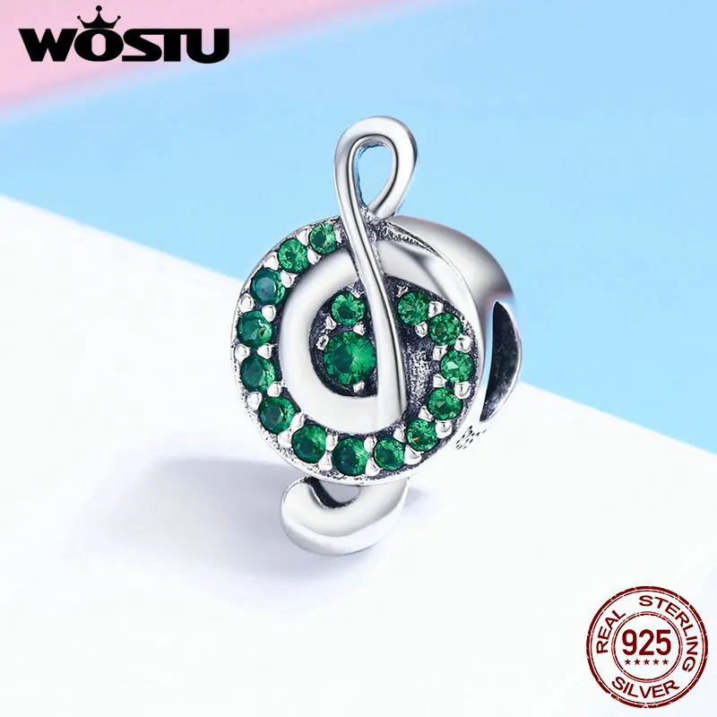 WOSTU New Collection 925 Sterling Silver I Love Music Note Green Clear CZ Beads Fit Charm Bracelet Beads Jewelry Gift DXC450