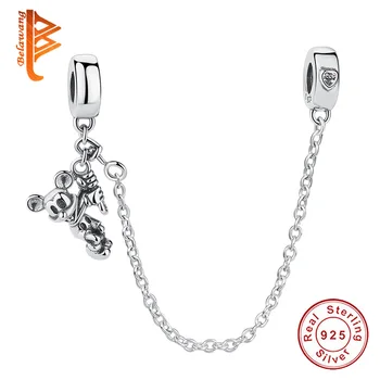 

BELAWANG 925 Sterling Silver Mickey Connection Safety Chain Charm Fit Bracelet&Bangle Heart Shaped Sterling Silver Jewelry