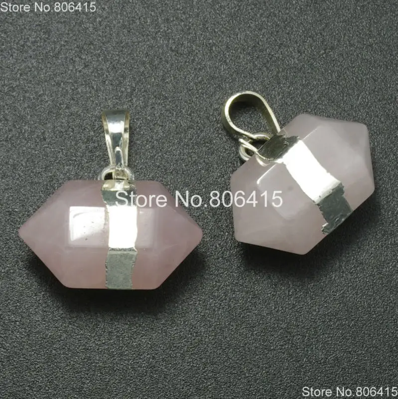 

Natural RoseQuartz on Silver Gems Stones Prism Nugget Hexagonal Pointed Healing Reiki Chakra Earrings Pendant Beads 10Pcs/Pack