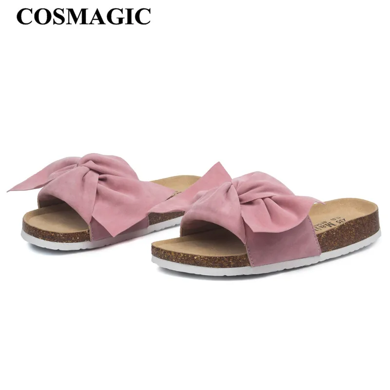 

COSMAGIC 2019 New Fashion Summer Bowknot Cork Slipper Sandals Women Casual Beach Solid Color Flip Flops Slides Shoe Flat With
