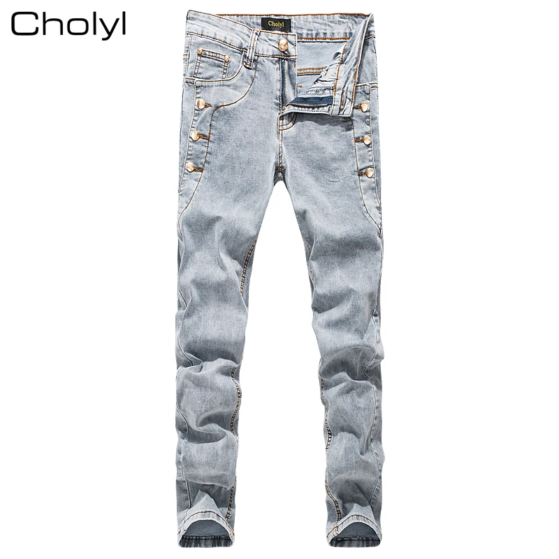 

2017 New Fashion man cholyl Korean Style High Street Slim Fit Button Personality Vintage Classical Denim gray Pants Trousers