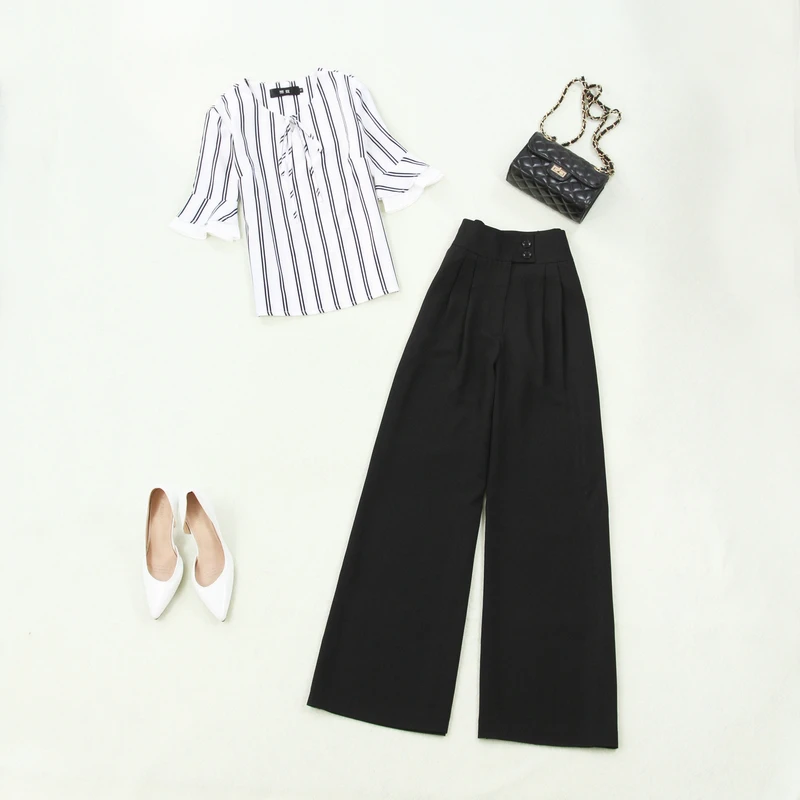 

Women's suit two-piece female 2019 summer new striped shirt high waist wide leg pants temperament loose thin fashion clothes