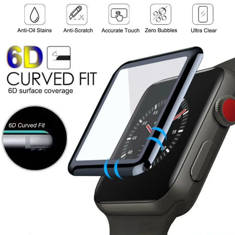 

6D Curved Tempered Glass For Apple Watch 38mm 42mm 40mm 44mm iWatch Series 4 3 2 1 Full Cover Screen Protector Protective Film