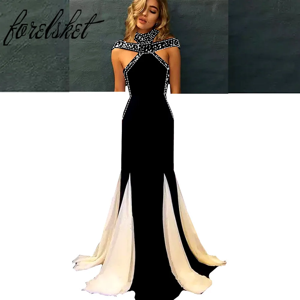 Черные вечерние платья, элегантное платье русалки с длинным рукавом для выпускного вечера, вечерние платья для выпускного вечера с бисером, robe de soiree vestidos largos - Цвет: Черный