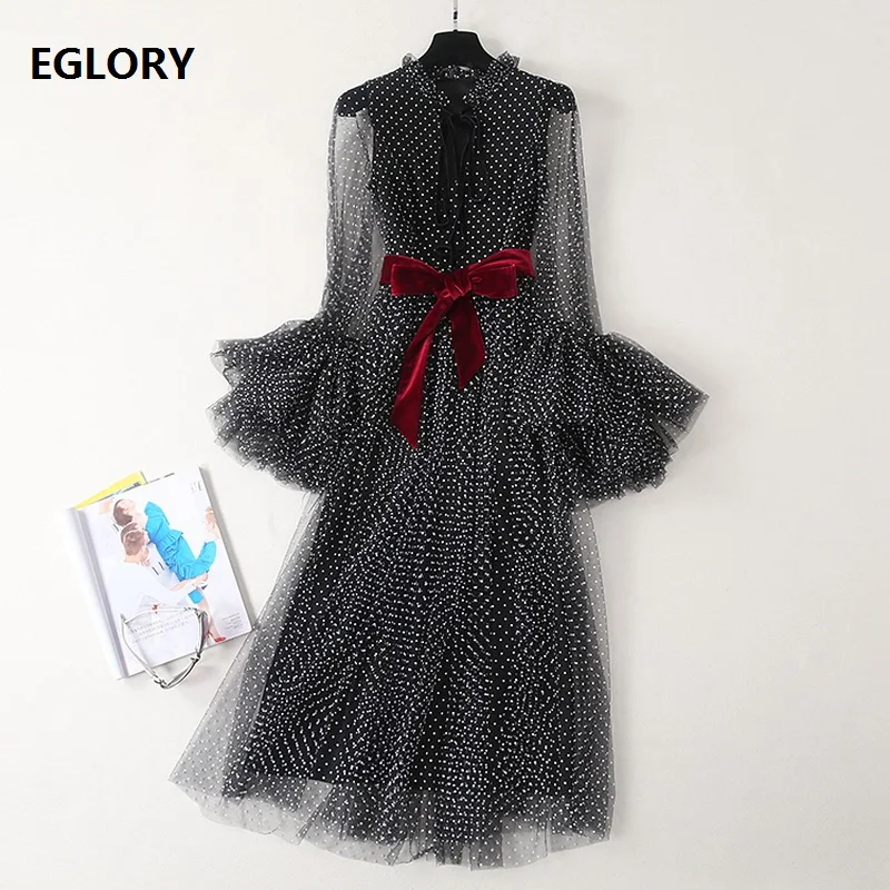 

Top Quality New Celebrity Inspired Party 2019 Spring Autumn Dress Women Polka Dot Pattern Cloak Sleeves Black Mesh Dress Vintage