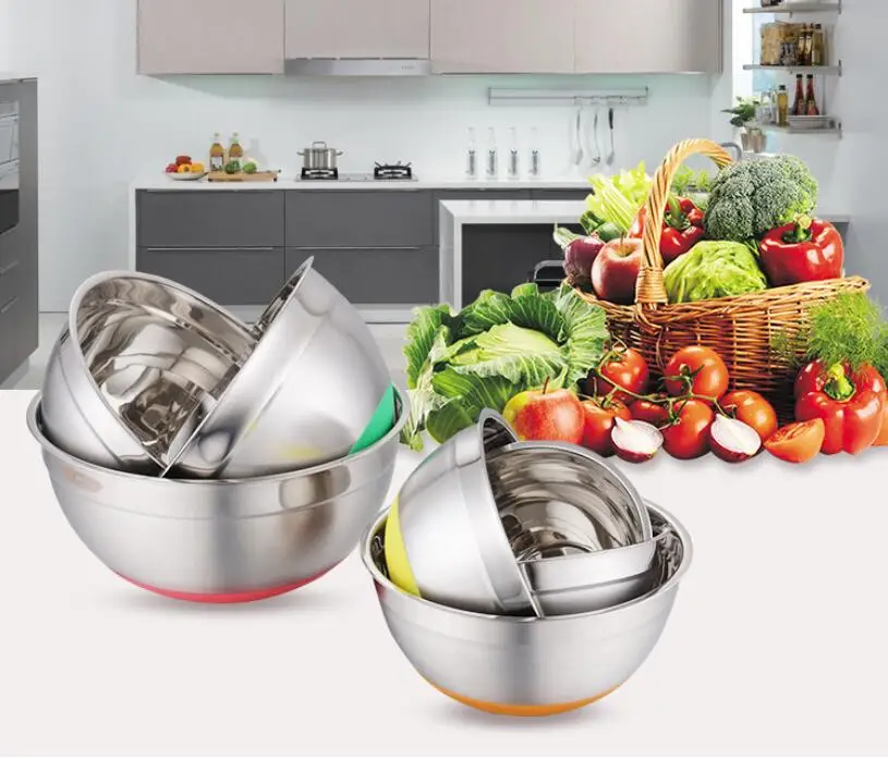 

50pc Mixing Bowl Stainless steel Basin Round Silicone Basin w/Cover Kitchen Home Thickening Deepening Salad oil Baking Egg Bowl