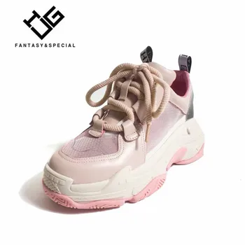 

IGU Chunky Shoes Platform Creeper 2019 Summer Mesh Genuine Leather Thick Sole Zapatillas Mujer Plataforma Sneakers Dad Shoes