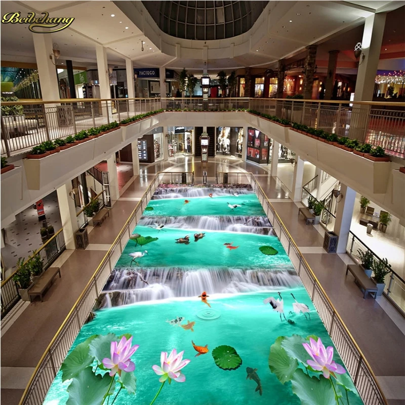 

beibehang Custom photo 3D floor painting wallpaper beautiful nine fish fairy waterfall 3D stereo floor tiles to draw