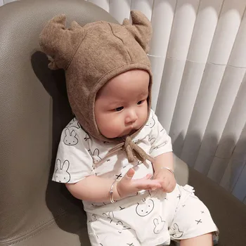 

2018 New Baby's Autumn Windproof Cotton Hat Cute Deer Horn Pattern Adjustable Beanie Hat Kids 0-3 Y Toddler Ear Protecion Cap