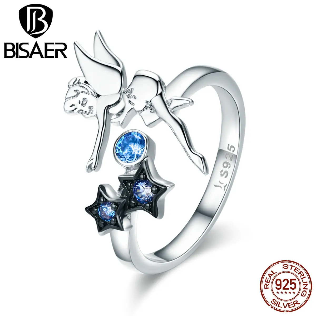 BISAER,, 925 пробы, серебряное, Сказочная легенда, Сверкающая Звезда, регулируемая фигура, Женское кольцо для женщин, серебряные ювелирные изделия, Anel ECR349