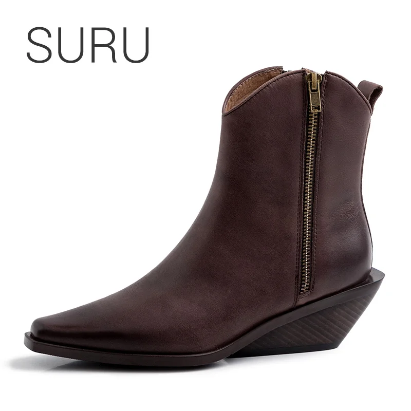 

SURU Low Wedges Western Boots Women Zip-side Pointed Toe Ankle Leather Boots , black or coffee