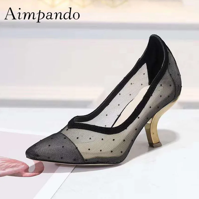 

2019 Sexy Mesh High Heel Shoes Woman Pointed Toe Strange Metal Heel Pumps Women Fashion Party Shoes