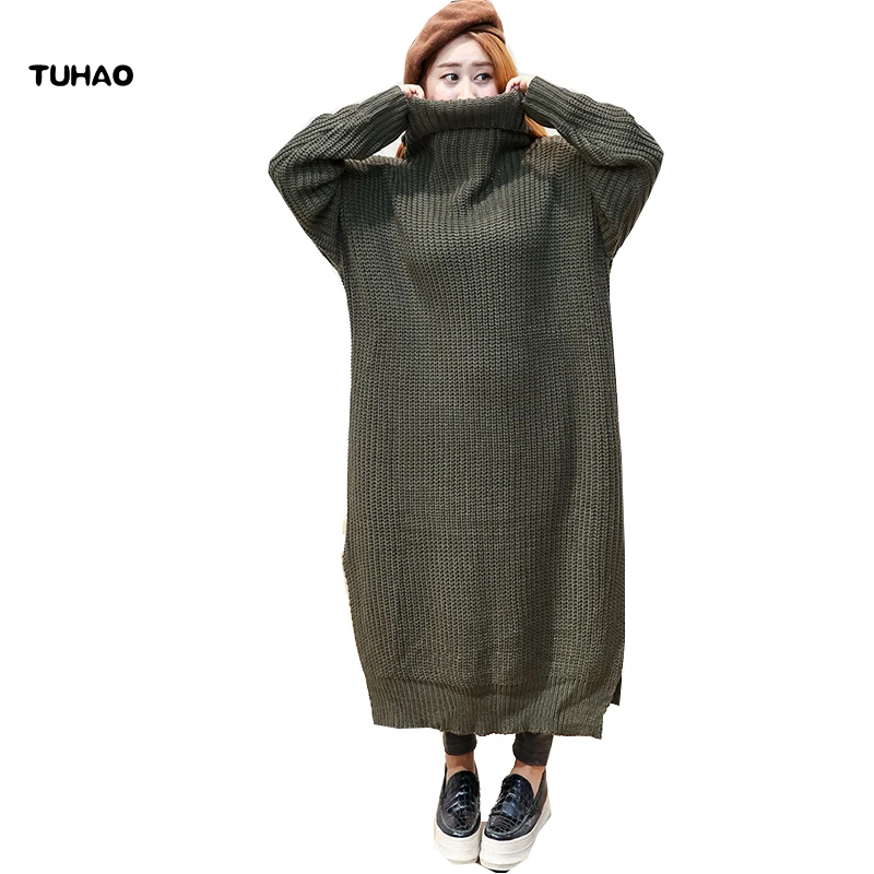 

TUHAO Plus Size Long Loose Sweaters 2018 Autumn Winter Turtleneck Knitted Sewater Dress Loose Casual Split Long Sweaters LM80