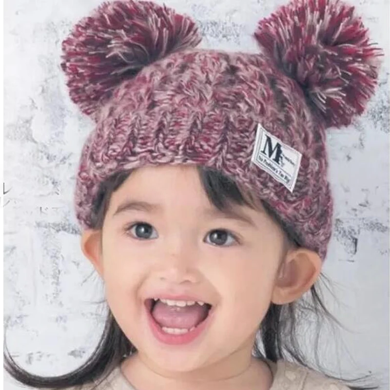 Fashion 2 7years Kids Children Double Ball Knitting Wool Winter Hat