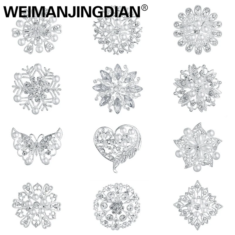 

WEIMANJINGDIAN New Arrival Lot of 12 PCS Clear Rhinestones and Simulated Pearl Brooch Pins for DIY Wedding Bouquets Kits