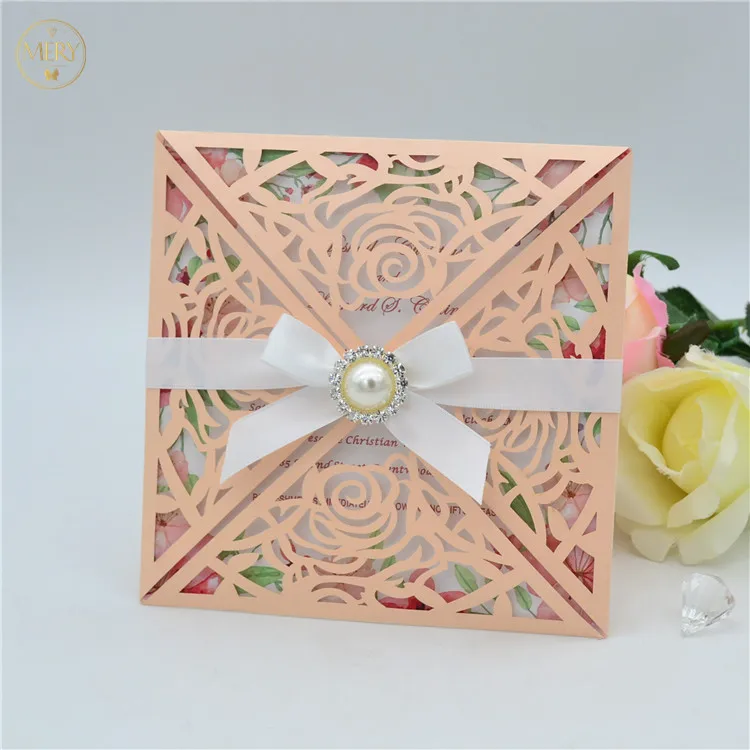 

Blush peach laser cut elegant flower wedding invitations wrap