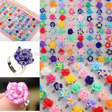 CHIC Wholesale Lots 10pcs Colorful Rose Flower polymer clay Children Rings Adjustable size Kids Gift Drop Ship