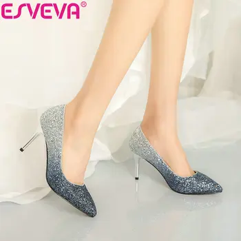 

ESVEVA 2019 Women Pumps Shoes Thin High Heels Pointed Toe Elegant Spring Sandals Shoes Women Shallow Flock PU Summer Size 34-42