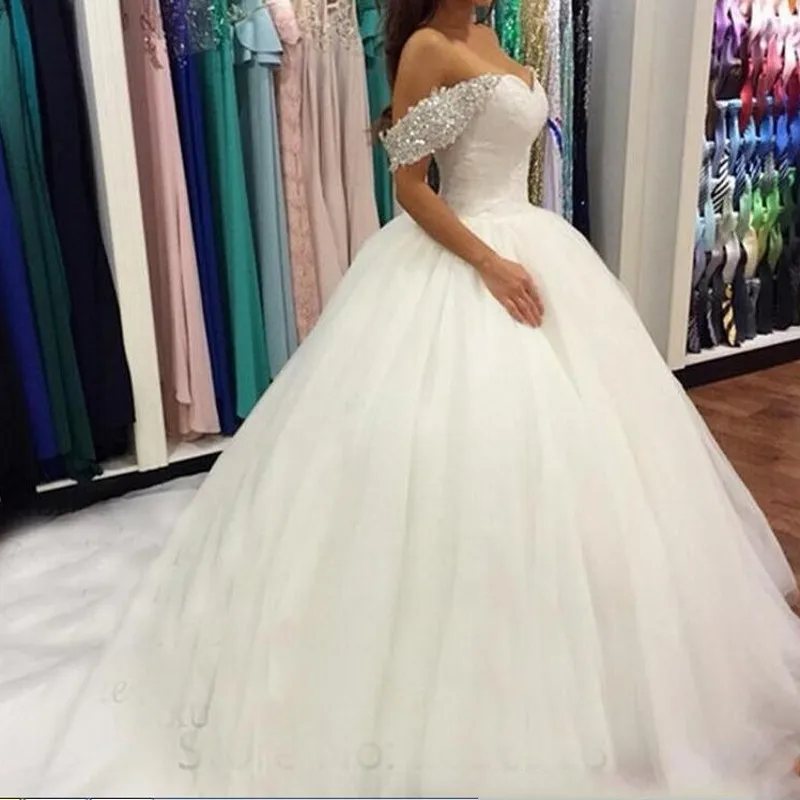 

Wedding Dresses Off Shoulder Long Fashion Wedding Gown Beaded Wedding Dress Back Buttons robe de mariee Puffy Bridal Gowns