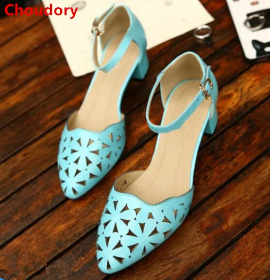

Cheap price fretwork hollow out breathable pumps women square mid-heel ankle wrap spring summer sandals cut-outs heels DFS271