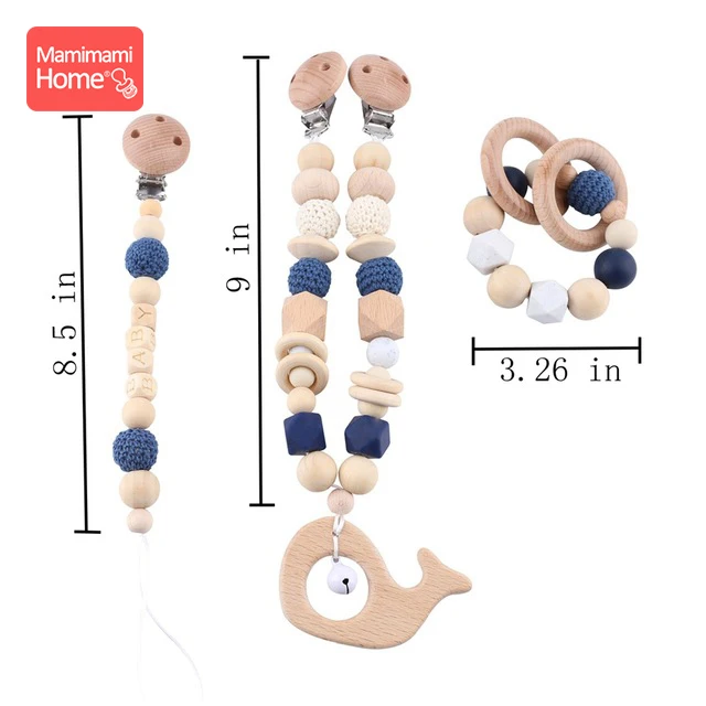 Детский деревянный Прорезыватель для зубов, 1 набор, зажим для детской коляски, бук, грызун, гимнастическая игра, персонализированное имя, соска, цепь, жевательный браслет, детские товары, игрушка - Цвет: Blue Set 4